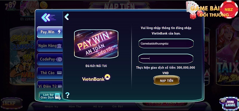 nạp tiền game đánh bài đổi thưởng qua banking