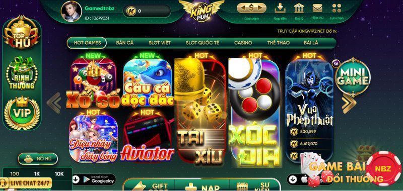 Giao diện web của game bài Kingfun