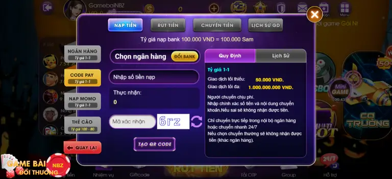 nạp rút tiền game bài samvip