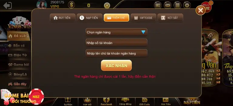 Thêm thẻ ngân hàng vào VN68