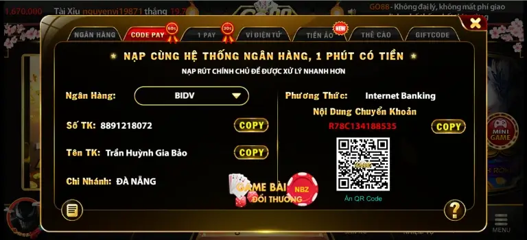 Nạp tiền vào Tài xỉu Go88